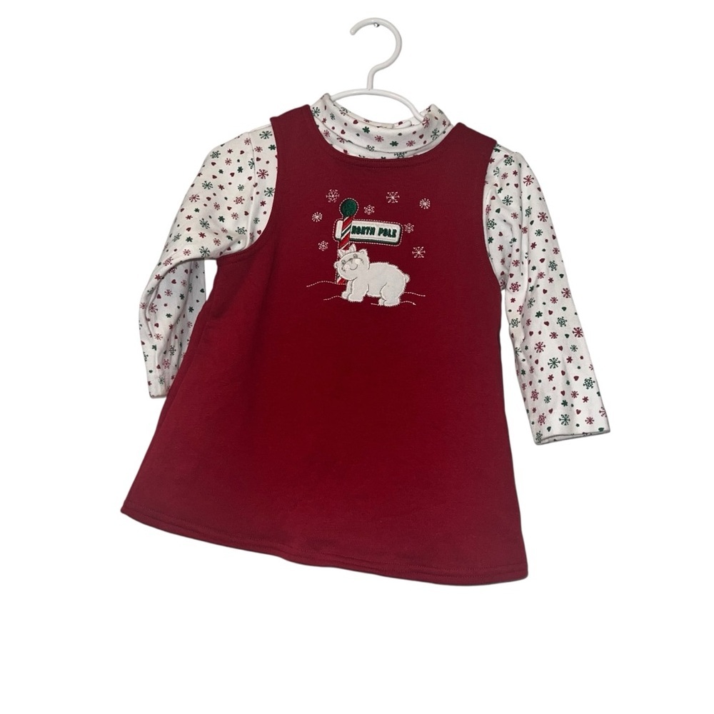 Vtg cuddle bear Red Holiday Dress w Polar Bear snowflake turtleneck Design 24m